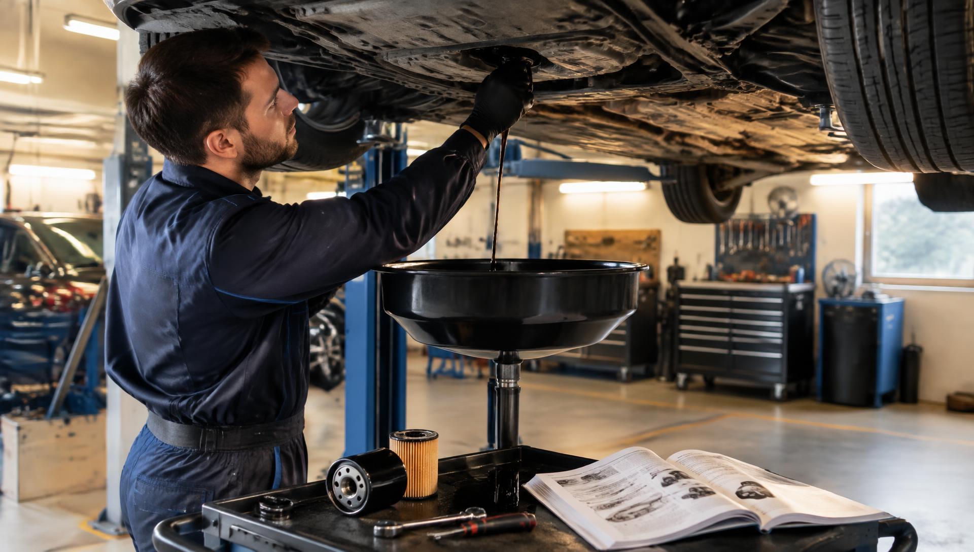Kfz-Mechaniker beim Ölwechsel während der Inspektion bei Auto Ludwig Putz in Passau-Innstadt